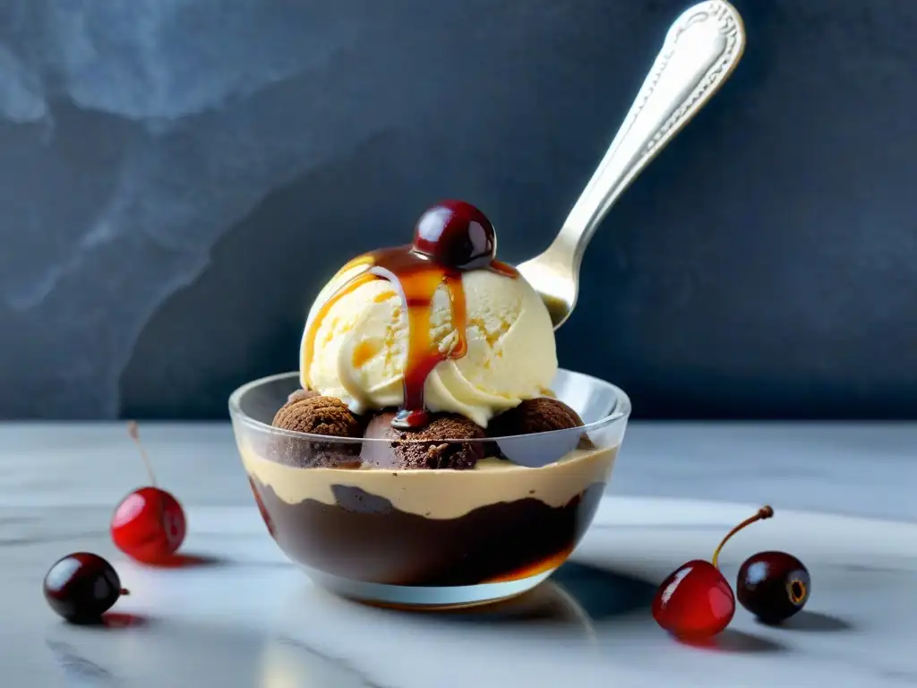 Delicioso helado casero sin gluten: cremoso chocolate con caramelo, nueces y cereza en copa vintage sobre mármol con cuchara plateada