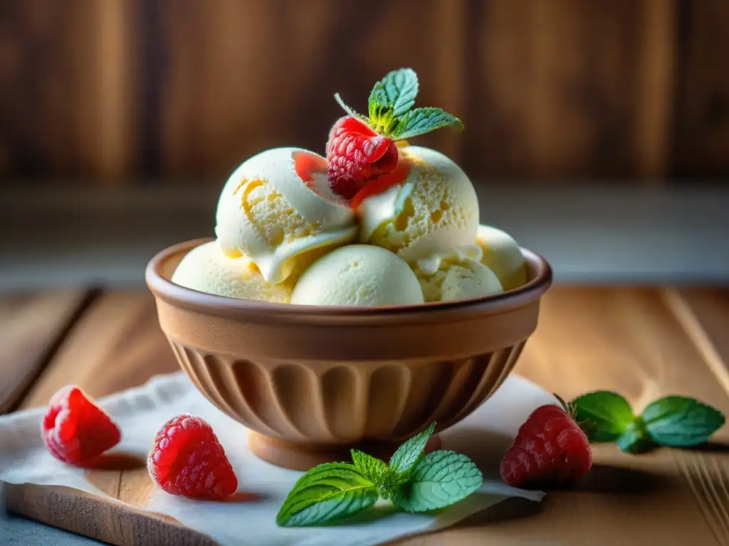 Un delicioso helado sin gluten con harinas sin gluten en helados, decorado con frambuesas y menta fresca sobre una mesa de madera rústica