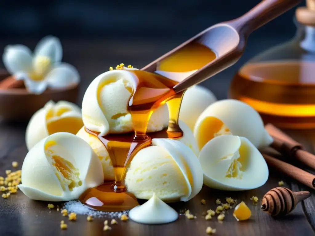 Delicioso helado de vainilla con miel dorada y especias, en una mesa rústica con vainilla y flores blancas