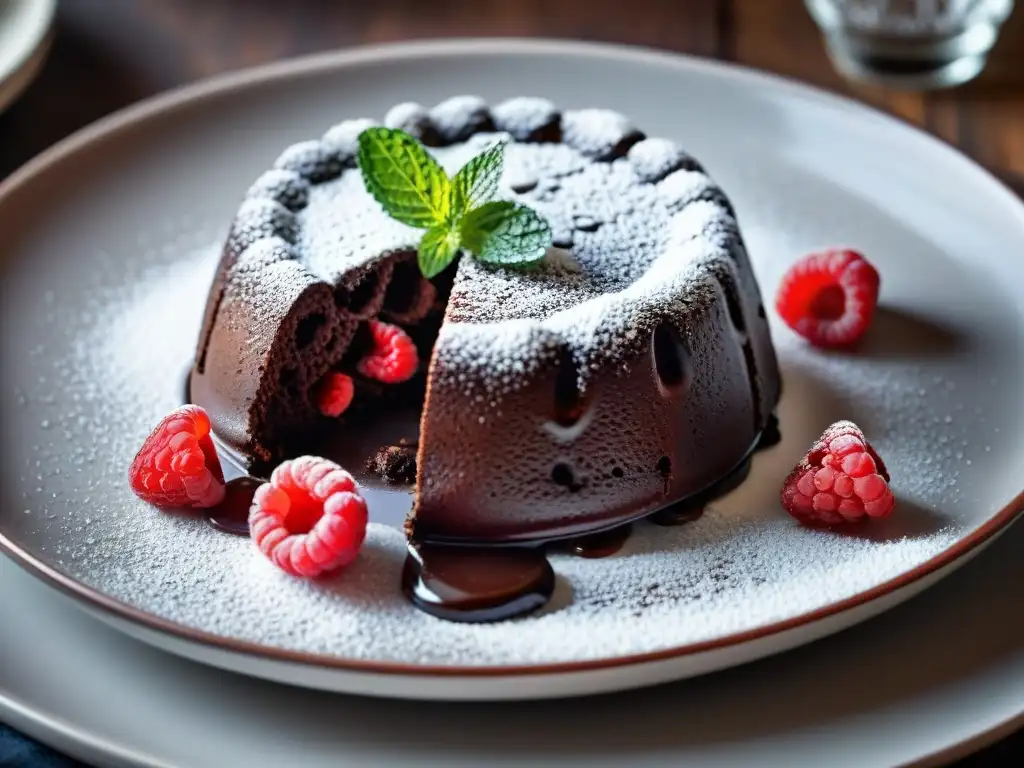 Delicioso lava cake de chocolate sin gluten con frambuesas y menta