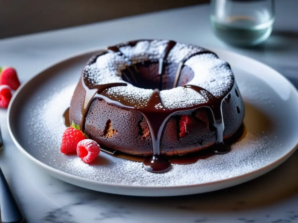 Delicioso lava cake de chocolate con centro cremoso y frambuesa fresca