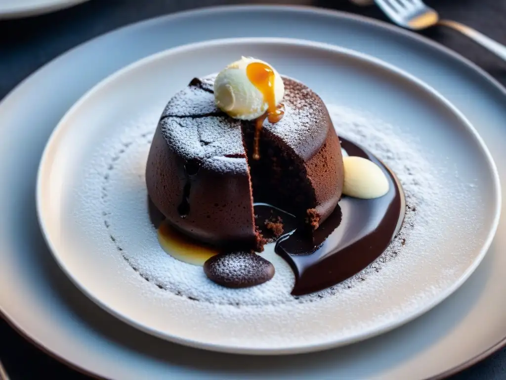 Delicioso lava cake de chocolate decadente con helado de vainilla, en un elegante plato blanco sobre fondo oscuro