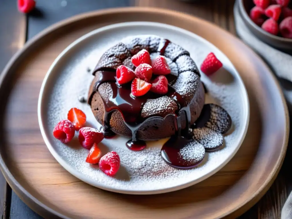 Delicioso lava cake de chocolate sin gluten con frambuesas frescas y salsa de frambuesa, en plato blanco sobre mesa de madera