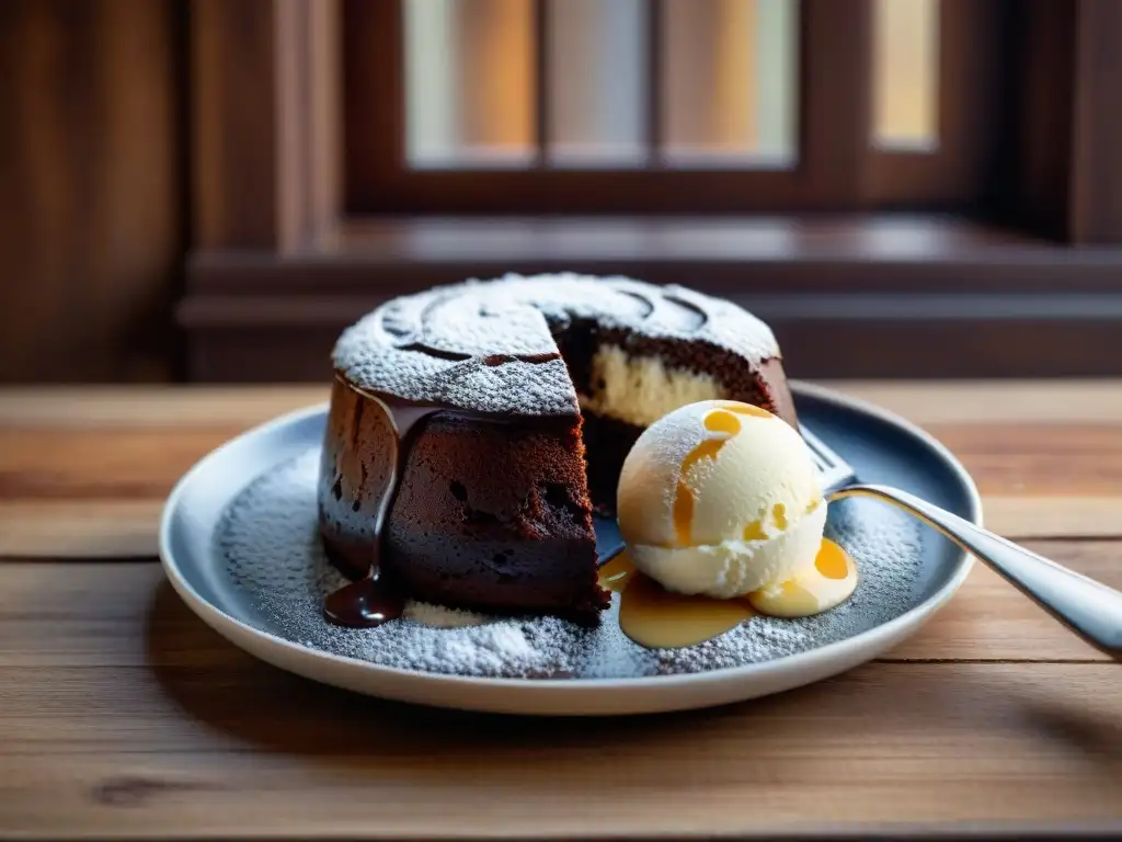 Delicioso lava cake de chocolate decorado con helado de vainilla en una mesa de madera rústica con luz natural