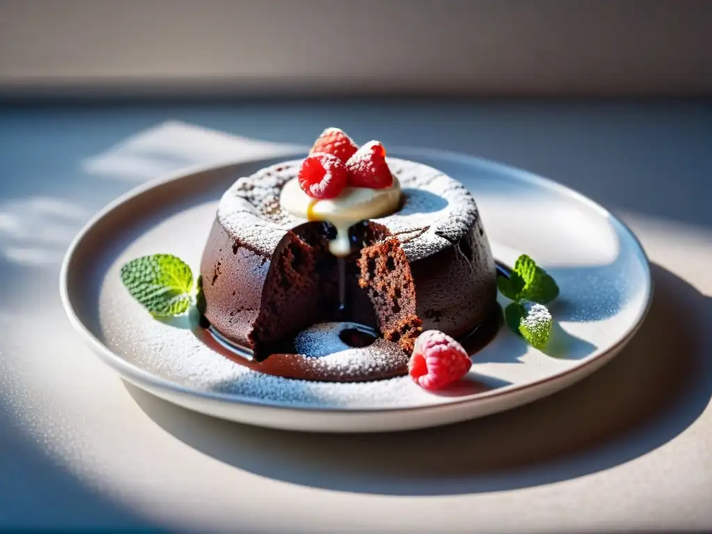 Delicioso lava cake sin gluten con helado de vainilla, frambuesas y menta en cocina acogedora