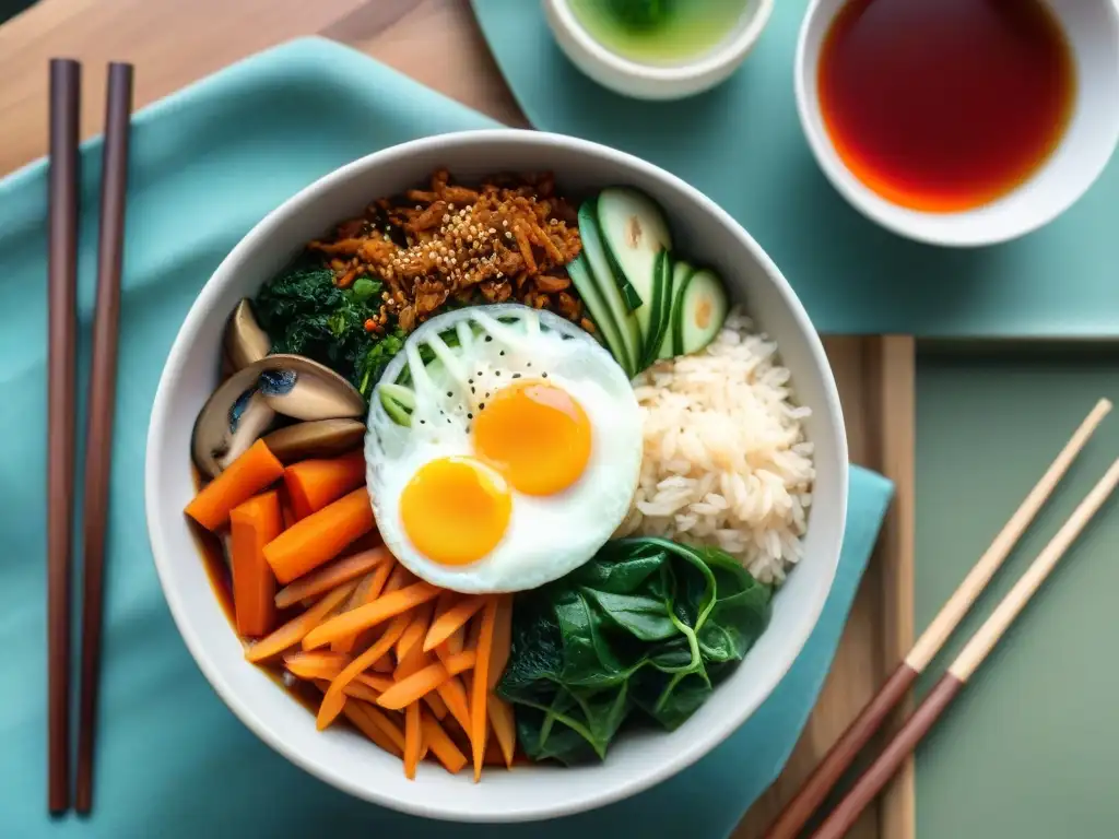 Un delicioso Bibimbap lleno de color y frescura, sobre una mesa tradicional coreana