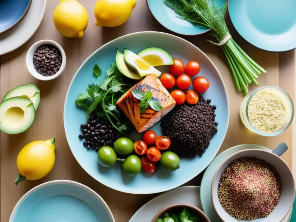 Delicioso menú sin gluten semanal con platos coloridos y saludables, presentados con elegancia