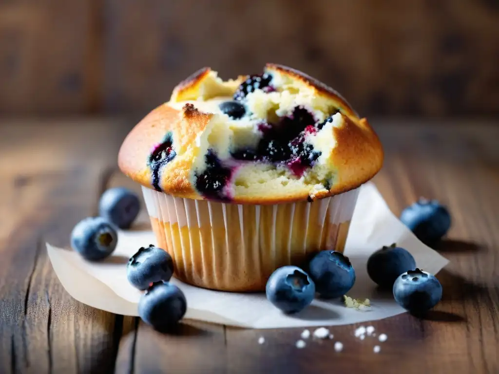 Delicioso muffin de arándanos sin gluten recién horneado en mesa rústica con arándanos frescos