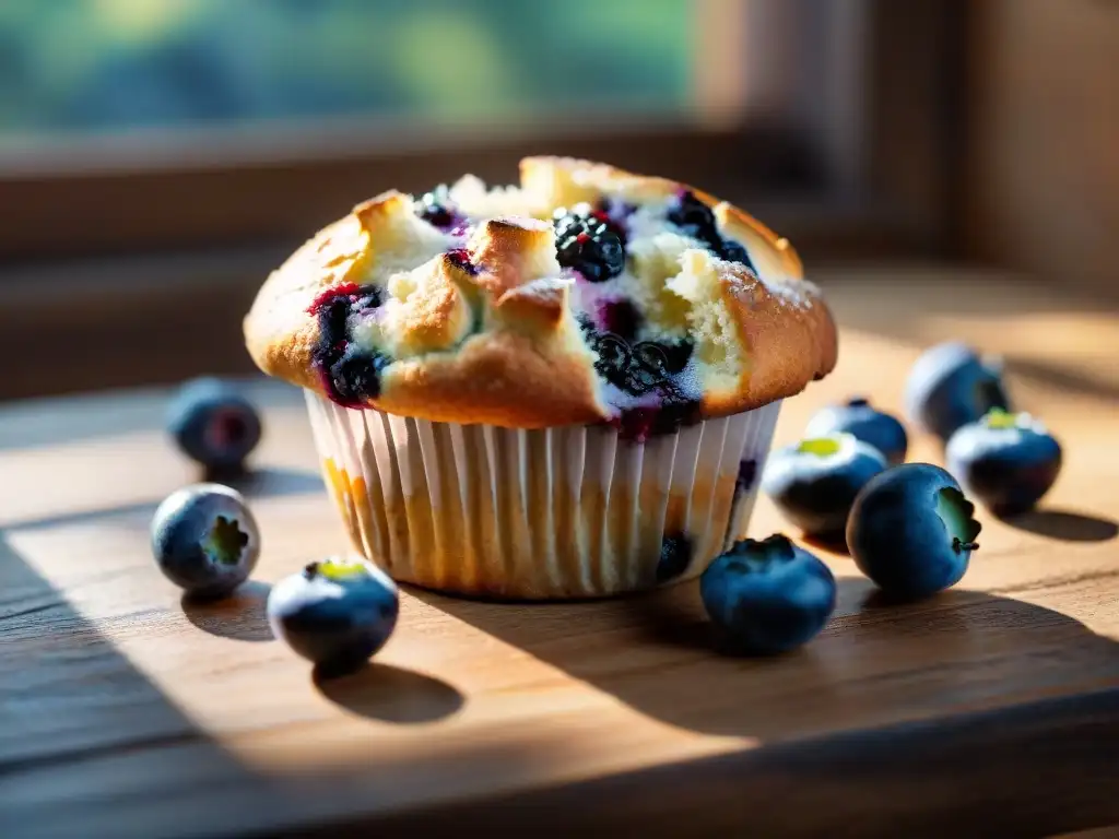 Delicioso muffin sin gluten de arándanos en mesa rústica, con luz cálida