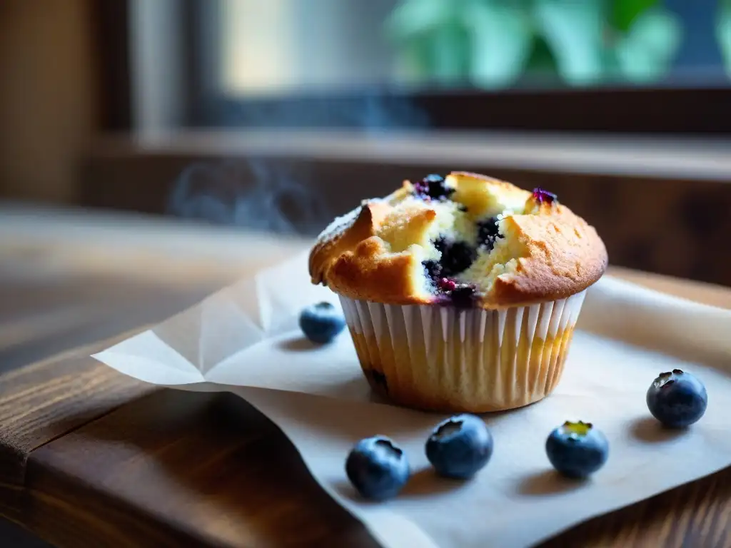 Delicioso muffin sin gluten de arándanos con azúcar glas, junto a café artesanal en una acogedora pastelería sin gluten opciones recomendadas