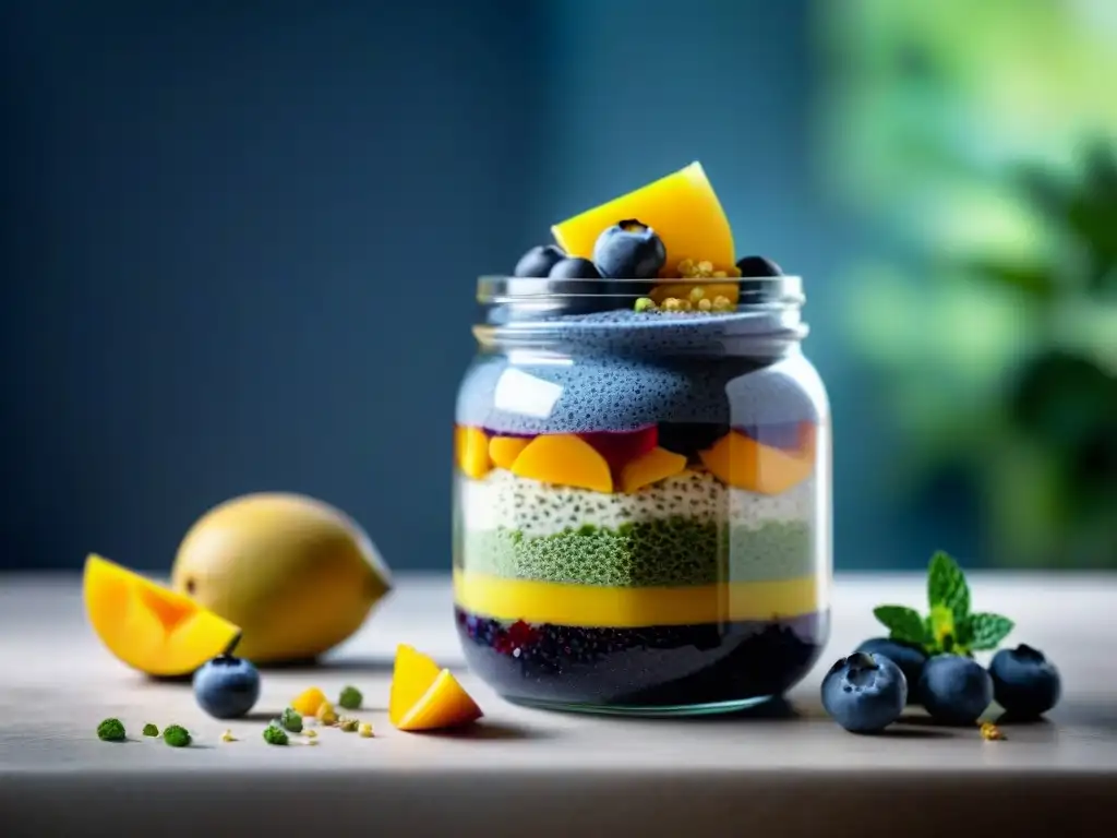 Delicioso chia pudding multicolor en frasco de vidrio, con capas de arándano, mango y matcha, decorado con frutas frescas