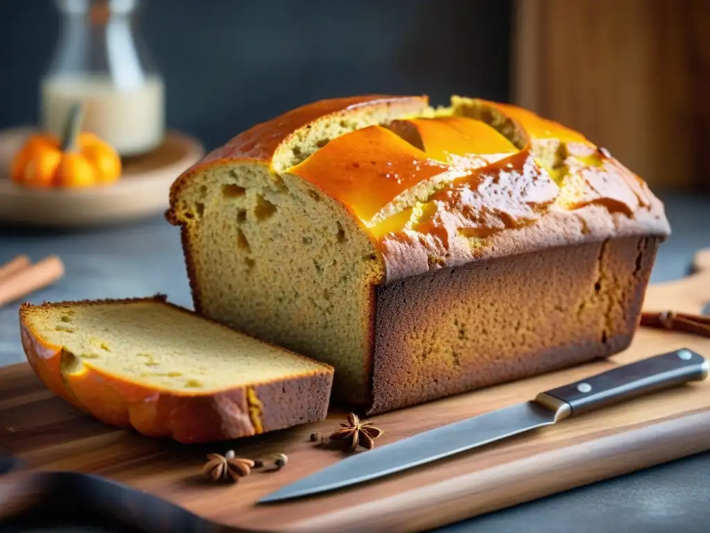 Delicioso pan de calabaza sin gluten recién horneado con corteza dorada, espolvoreado con azúcar de canela