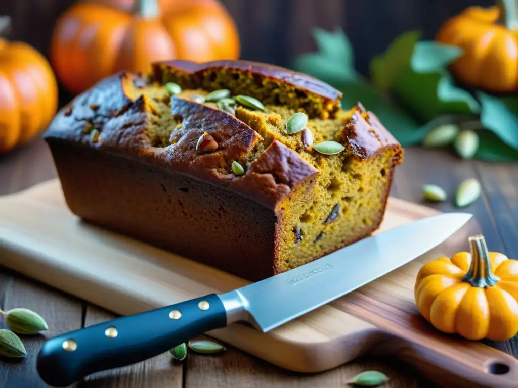 Delicioso pan de calabaza sin gluten recién horneado en ambiente acogedor de cocina otoñal