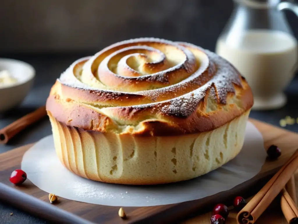 Delicioso pan dulce sin gluten recién horneado, con relleno de canela y decorado con arándanos, en un ambiente acogedor de cocina