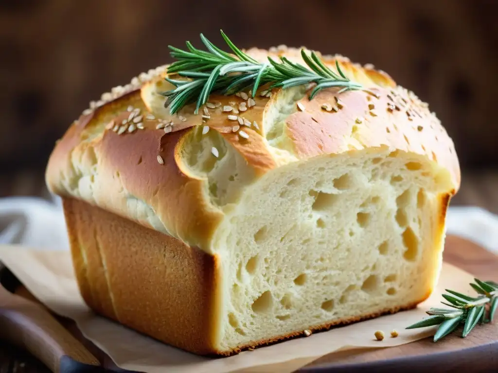 Delicioso pan sin gluten con beneficios de fibra, corteza dorada y estructura perfecta, semillas de sésamo y romero en tabla rústica