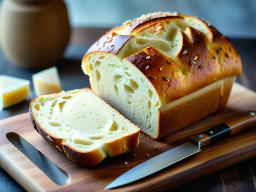 Delicioso pan sin gluten con corteza crujiente, recién horneado y tentadoramente dorado en tabla de madera rústica