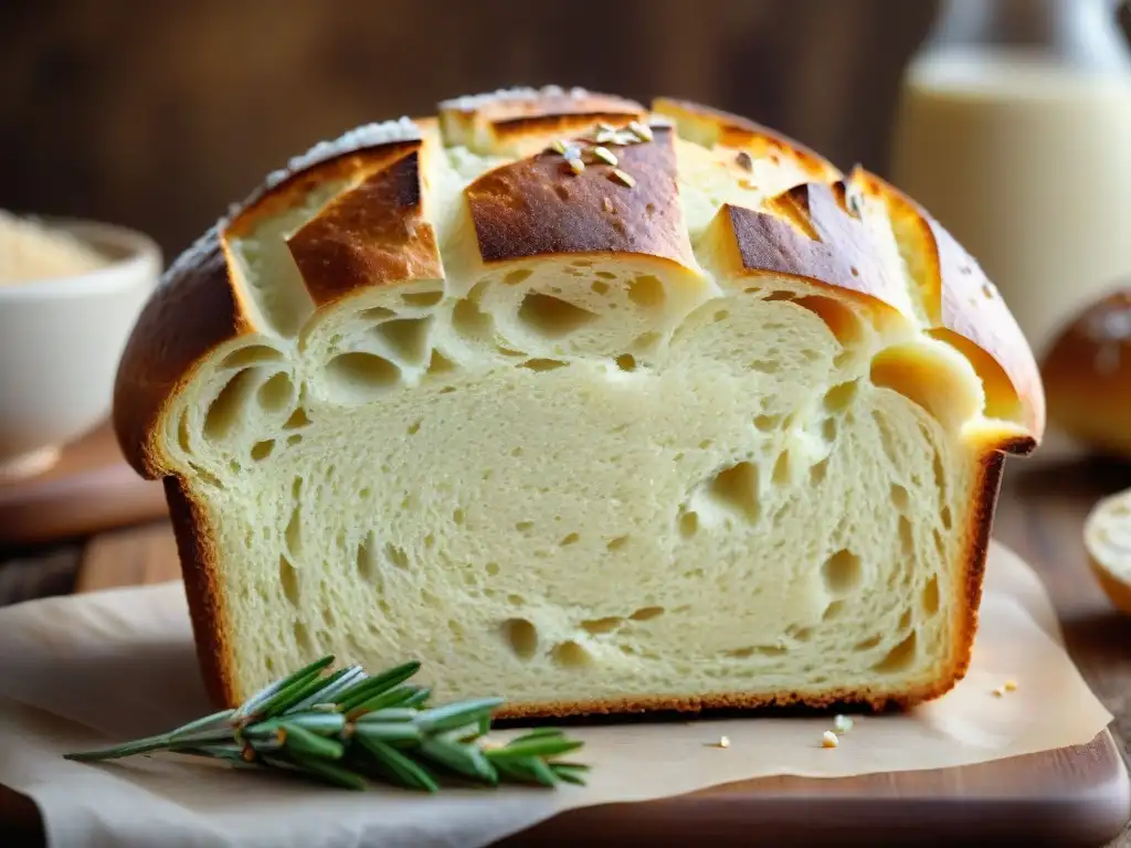 Delicioso pan sin gluten con corteza crujiente, adornado con sal marina y romero fresco en tabla de madera rústica