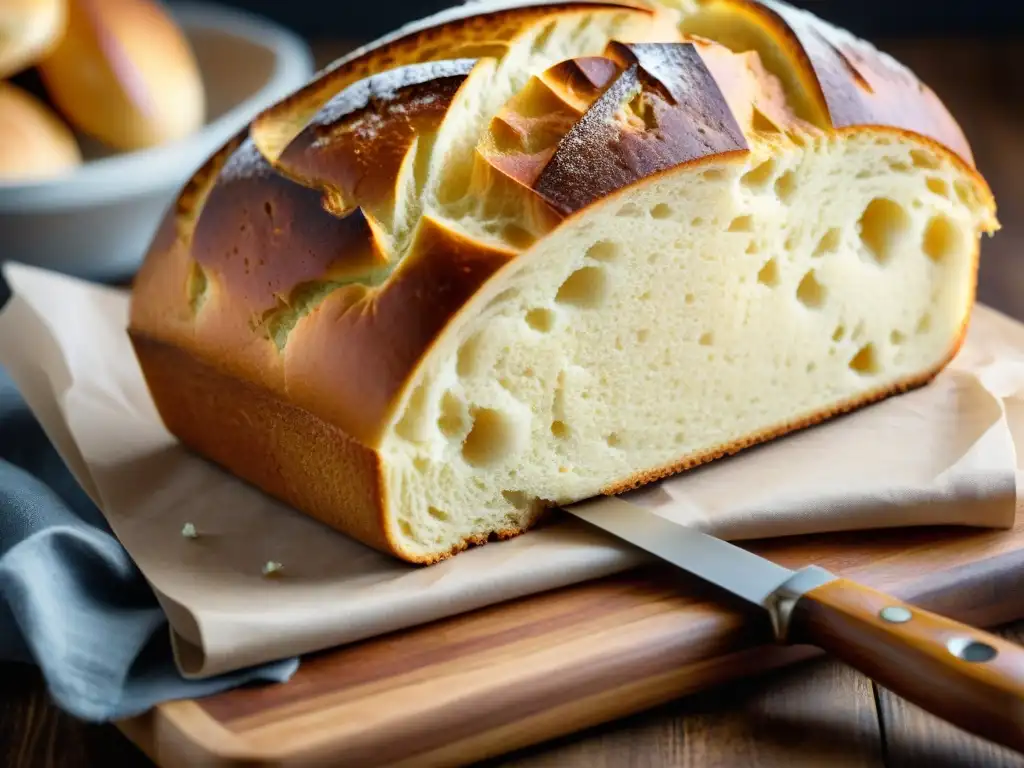 Delicioso pan sin gluten crujiente recién horneado en tabla de madera rústica con harina esparcida, ¡una imagen que despierta el apetito!