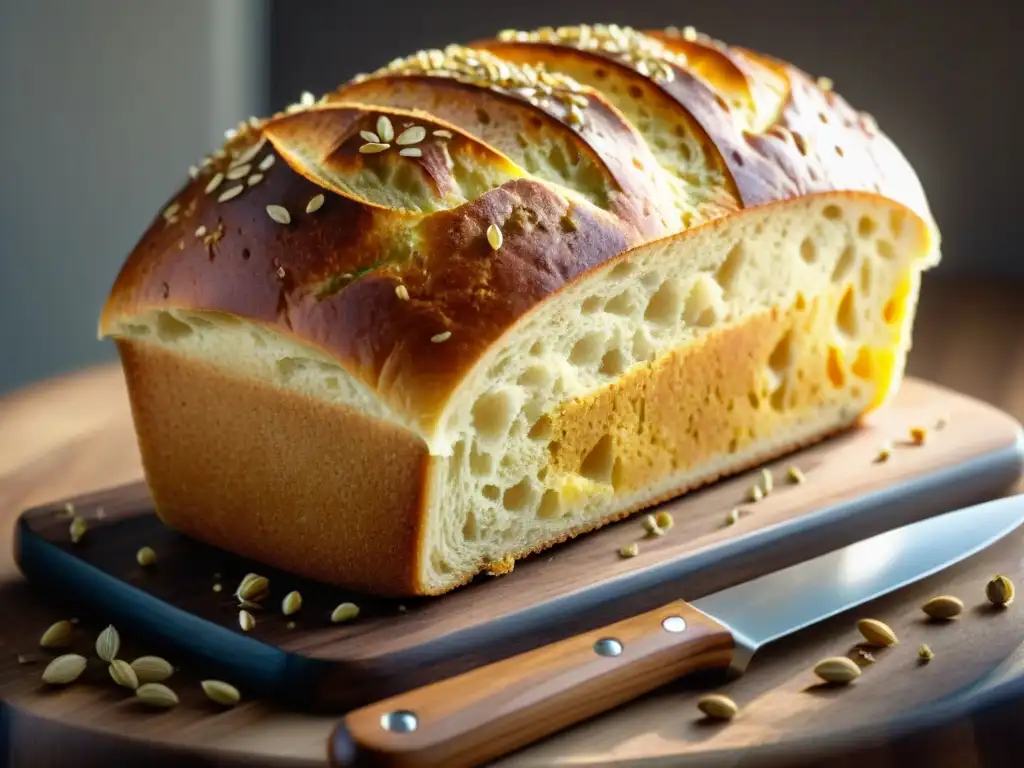 Delicioso pan sin gluten crujiente recién horneado en tabla de madera con semillas esparcidas, iluminado por el sol