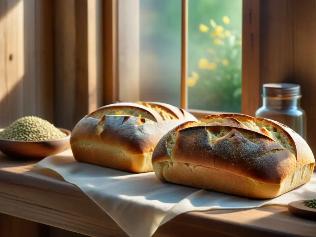 Delicioso pan sin gluten crujiente en mesa de madera rústica, con hierbas frescas y semillas, bañado por la cálida luz solar