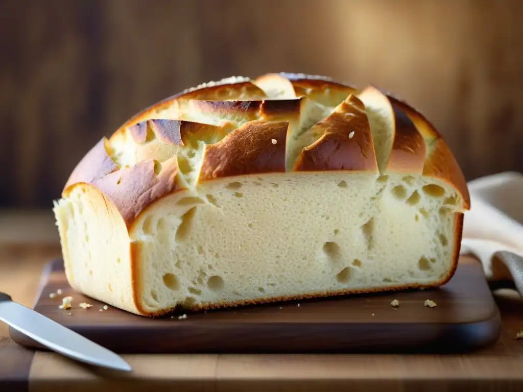 Delicioso pan sin gluten crujiente en tabla de madera, con corteza dorada y textura crujiente