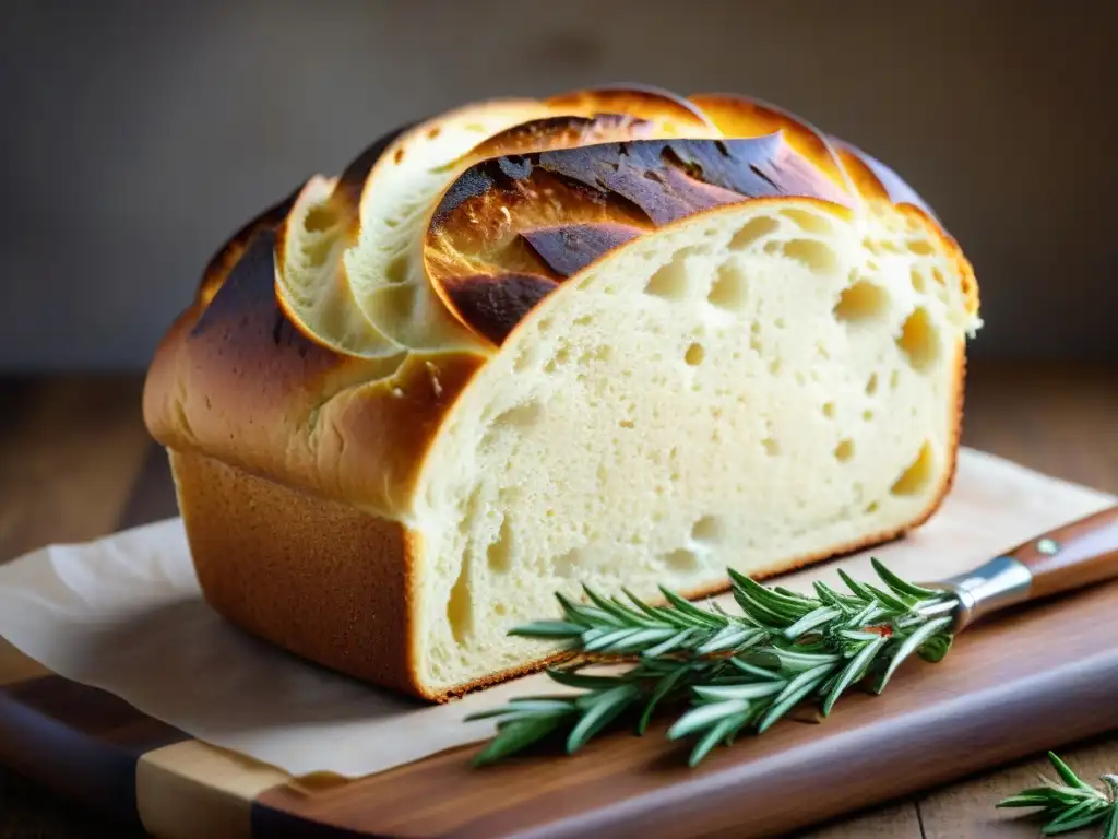 Delicioso pan sin gluten en detalle, con textura esponjosa y crujiente, sobre tabla de madera rústica