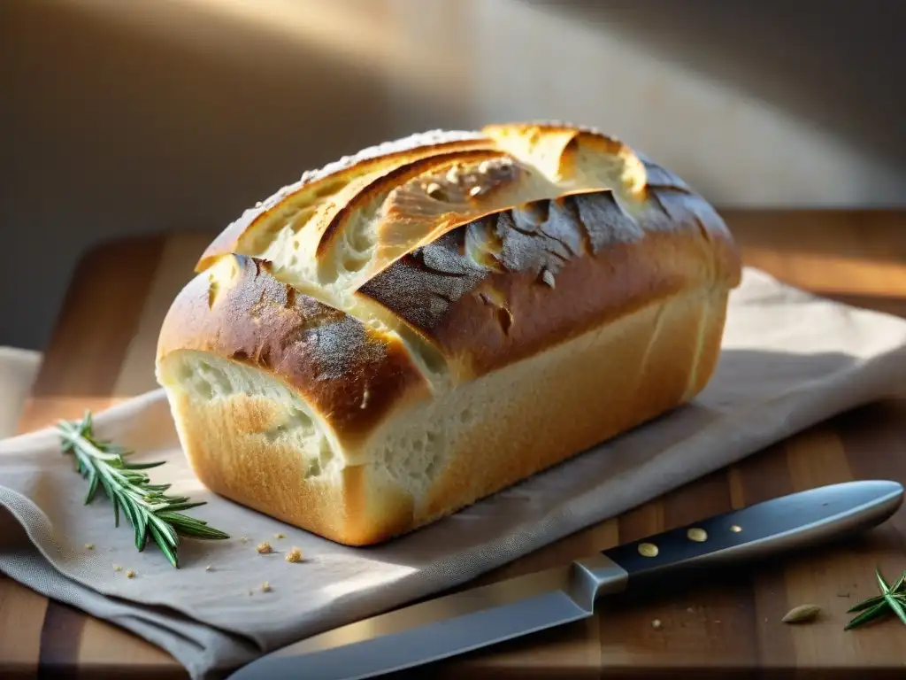 Delicioso pan sin gluten de masa madre con beneficios, recién horneado y decorado con romero fresco en tabla de madera rústica