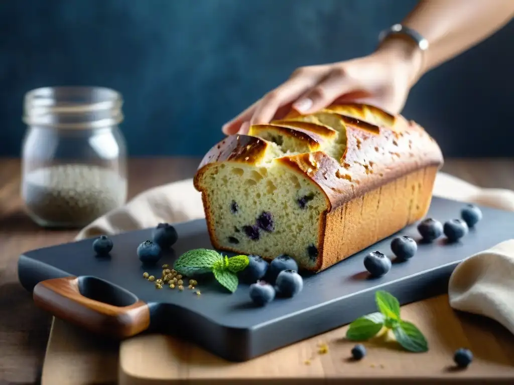 Delicioso pan sin gluten con superalimentos como chía, quinua y arándanos, sobre tabla de madera en cocina soleada