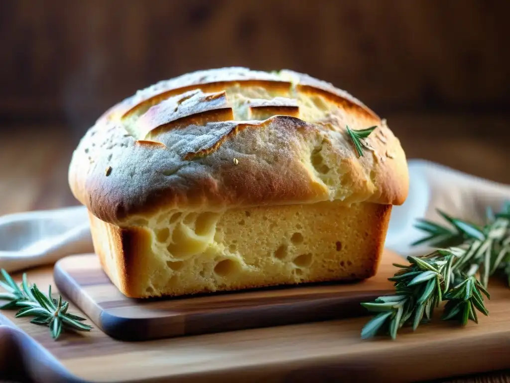 Delicioso pan sin gluten con textura perfecta, crujiente y esponjoso, sobre tabla de madera rústica con romero