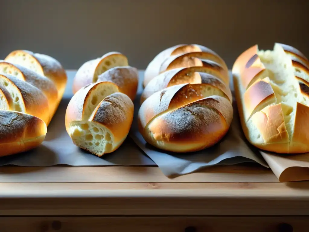 Delicioso pan sin gluten, variedad de texturas y formas en mesa rústica con luz natural cálida