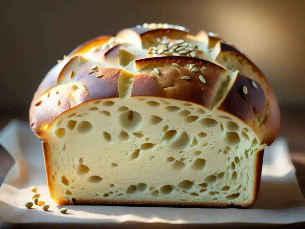 Delicioso pan sin gluten recién horneado con una corteza dorada y semillas, iluminado por el sol