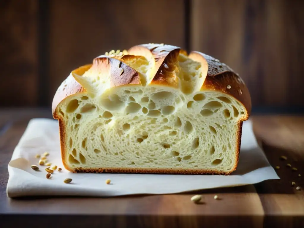 Delicioso pan sin gluten recién horneado, con corteza dorada, miga esponjosa y granos, sobre tabla rústica