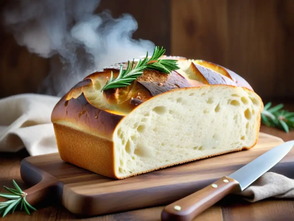 Delicioso pan sin gluten recién horneado en tabla de madera rústica con harina esparcida y hierbas frescas