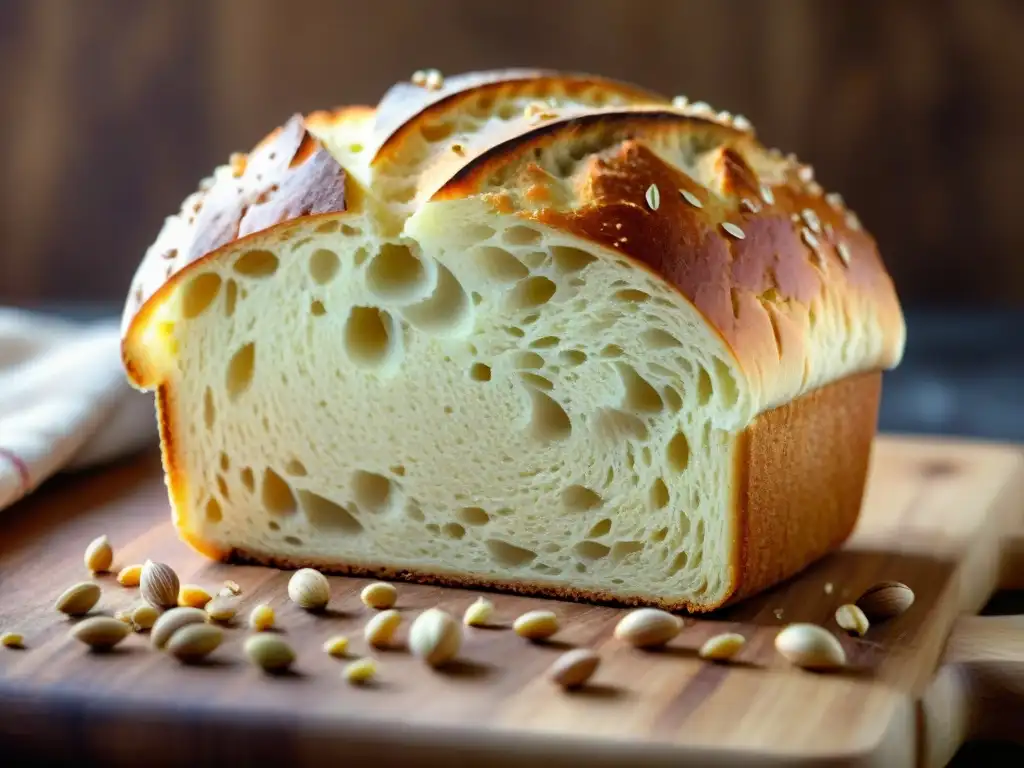 Delicioso pan sin gluten recién horneado en tabla de madera rústica