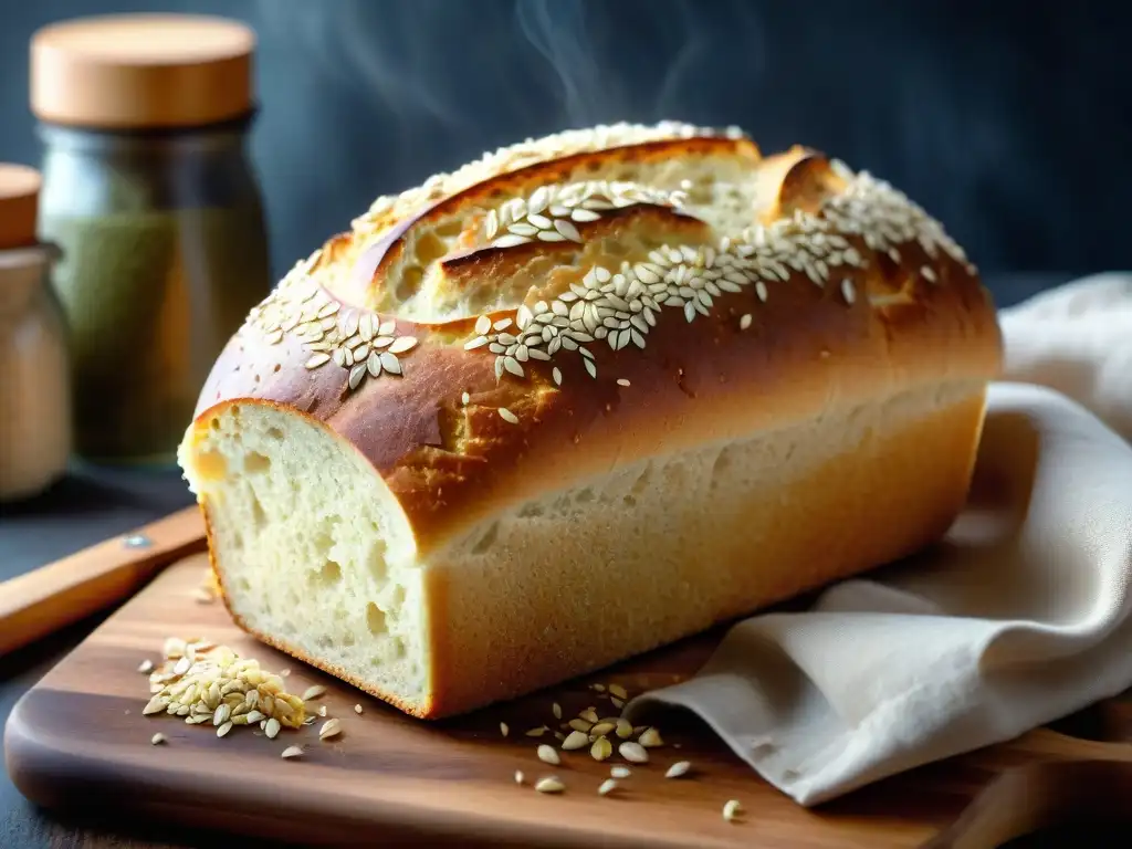 Delicioso pan sin gluten recién horneado en tabla de madera rústica con semillas, creando una atmósfera cálida y tentadora