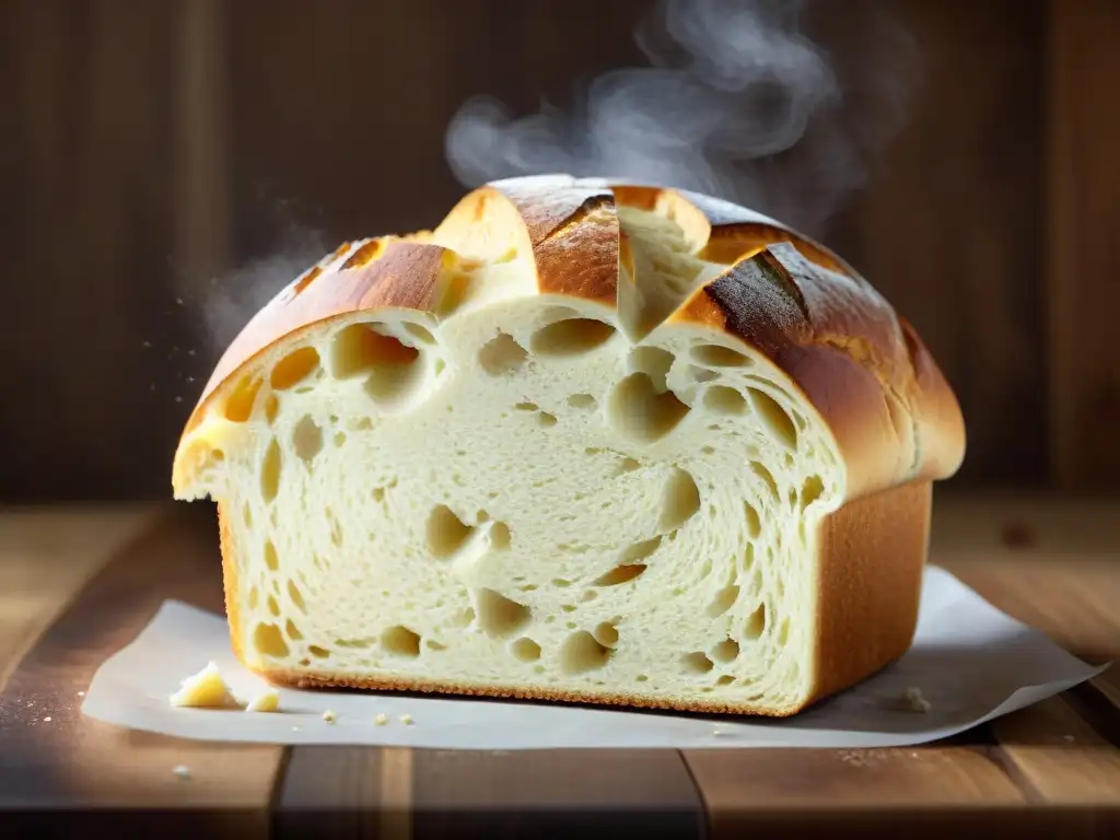 Delicioso pan sin gluten en máquina, recién horneado en tabla rústica con harina espolvoreada