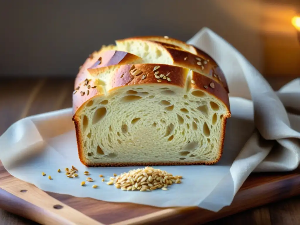 Delicioso pan de linaza recién horneado en tabla de madera - beneficios linaza repostería sin gluten