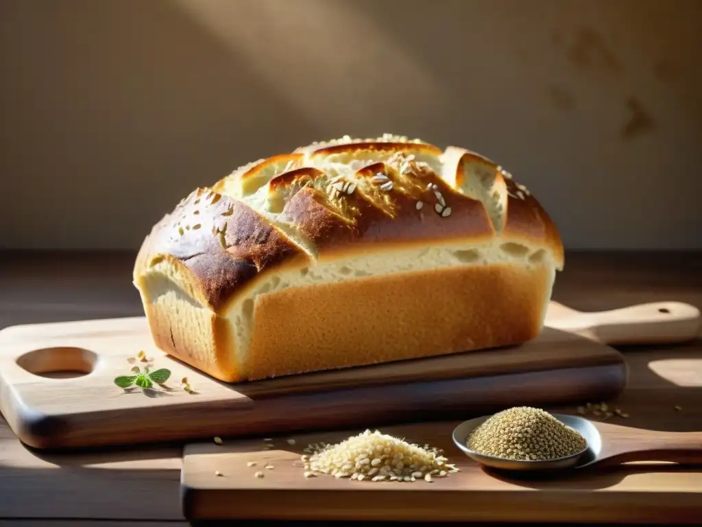 Delicioso pan sin gluten recién horneado en tabla rústica con semillas, aceite y luz cálida