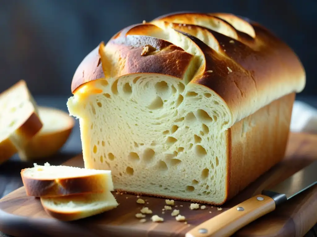 Delicioso pan sin gluten recién horneado en tabla de madera, perfectamente cortado, listo para un desayuno irresistible