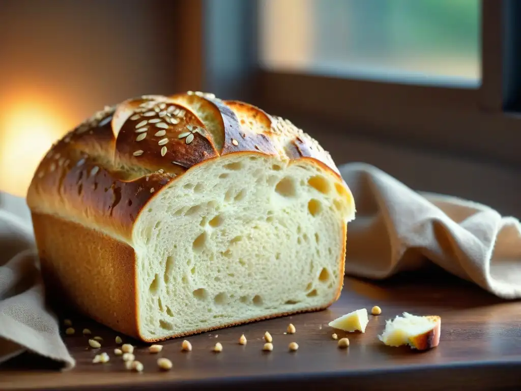 Delicioso pan de masa madre sin gluten recién horneado, con corteza dorada y semillas de sésamo, revelando su esponjosa miga aireada y aromática