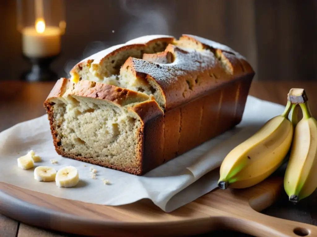 Delicioso pan de plátano sin gluten en ambiente acogedor de cocina