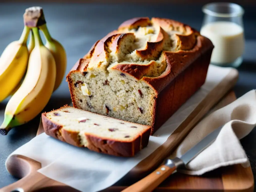 Delicioso pan de plátano sin gluten con ingredientes alternativos como harina de almendra y coco, rodeado de plátanos y canela en un entorno cálido