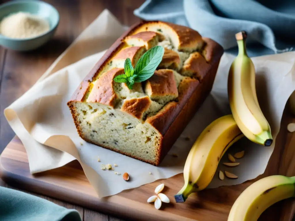 Delicioso pan de plátano sin gluten horneado, con corteza dorada y almendras, en cocina acogedora