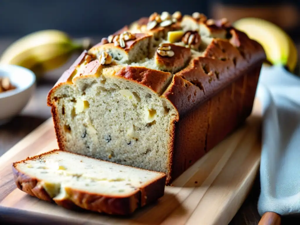 Delicioso pan de plátano sin gluten recién horneado con nueces y plátanos en tabla de madera rústica