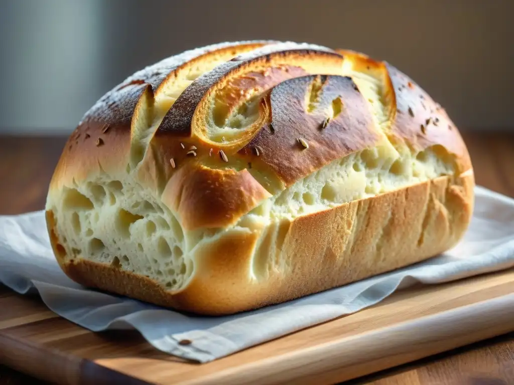 Delicioso pan sin gluten recetas caseras en tabla de madera rústica, crujiente y dorado bajo la suave luz natural