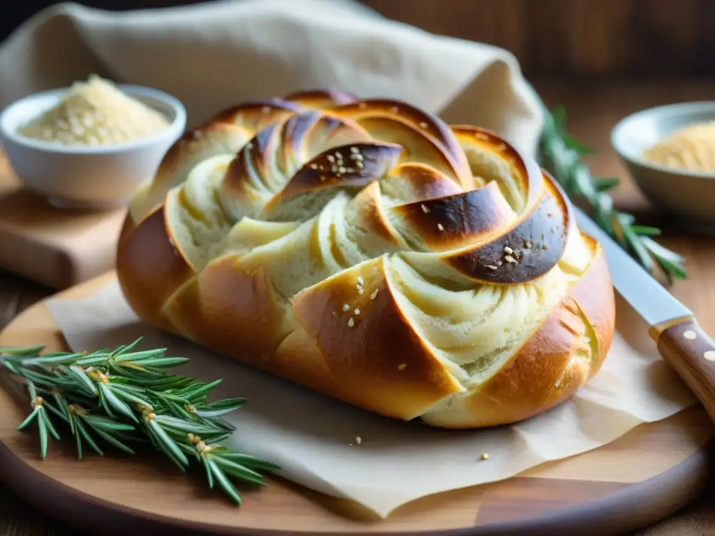 Delicioso pan sin gluten trenzado con semillas de sésamo, en tabla de madera rústica