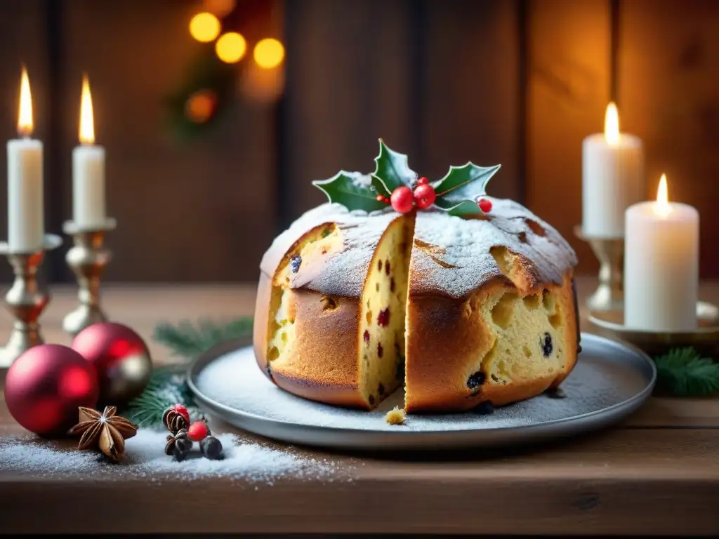 Delicioso Panettone sin gluten, listo para Navidad, decorado con frutas confitadas y pasas, sobre una mesa rústica navideña