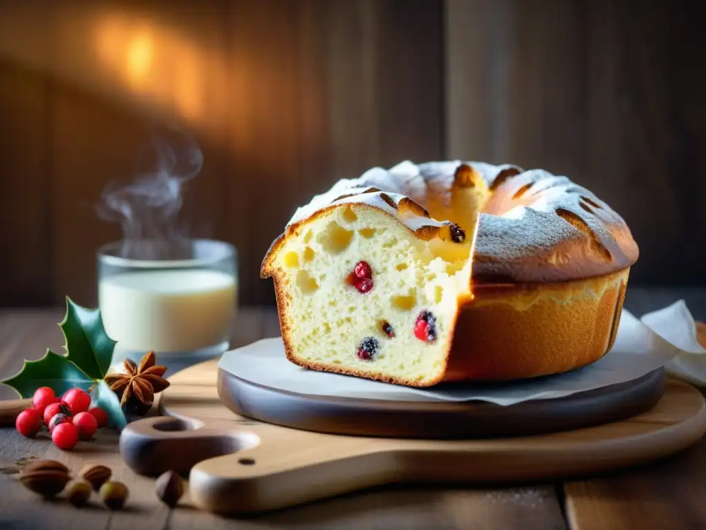 Delicioso Panettone sin gluten, perfecto para Navidad, con frutas confitadas y nueces, rodeado de decoraciones festivas