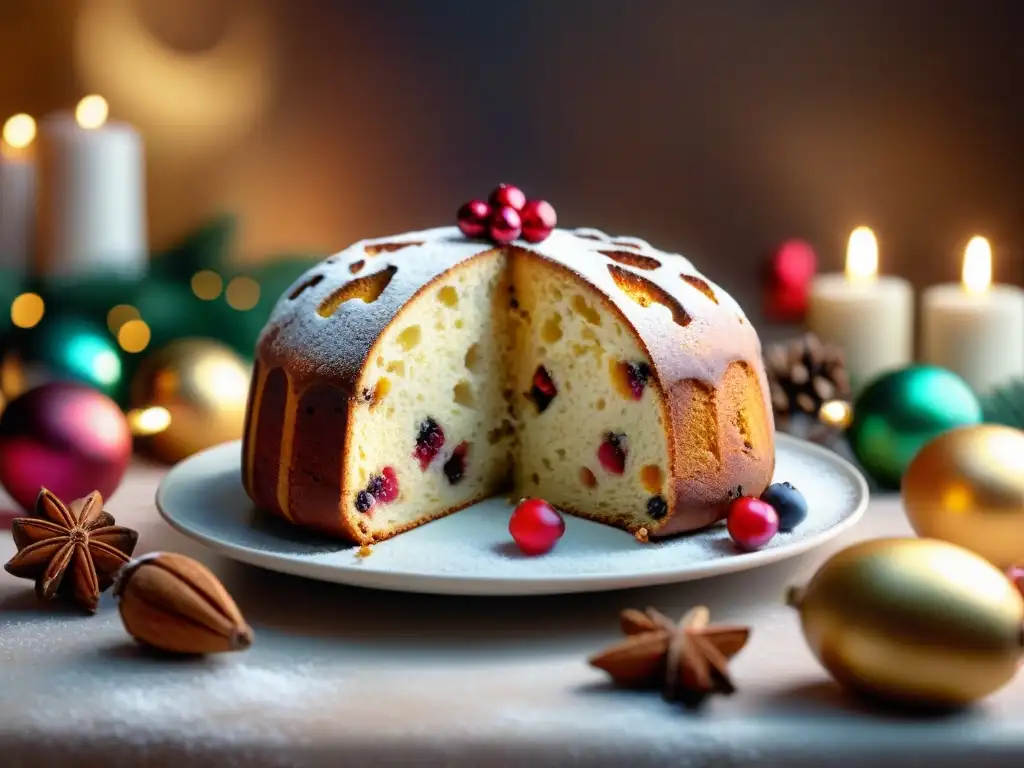 Delicioso Panettone sin gluten en mesa navideña festiva, rodeado de luces y decoraciones, ¡captura la esencia de la temporada!