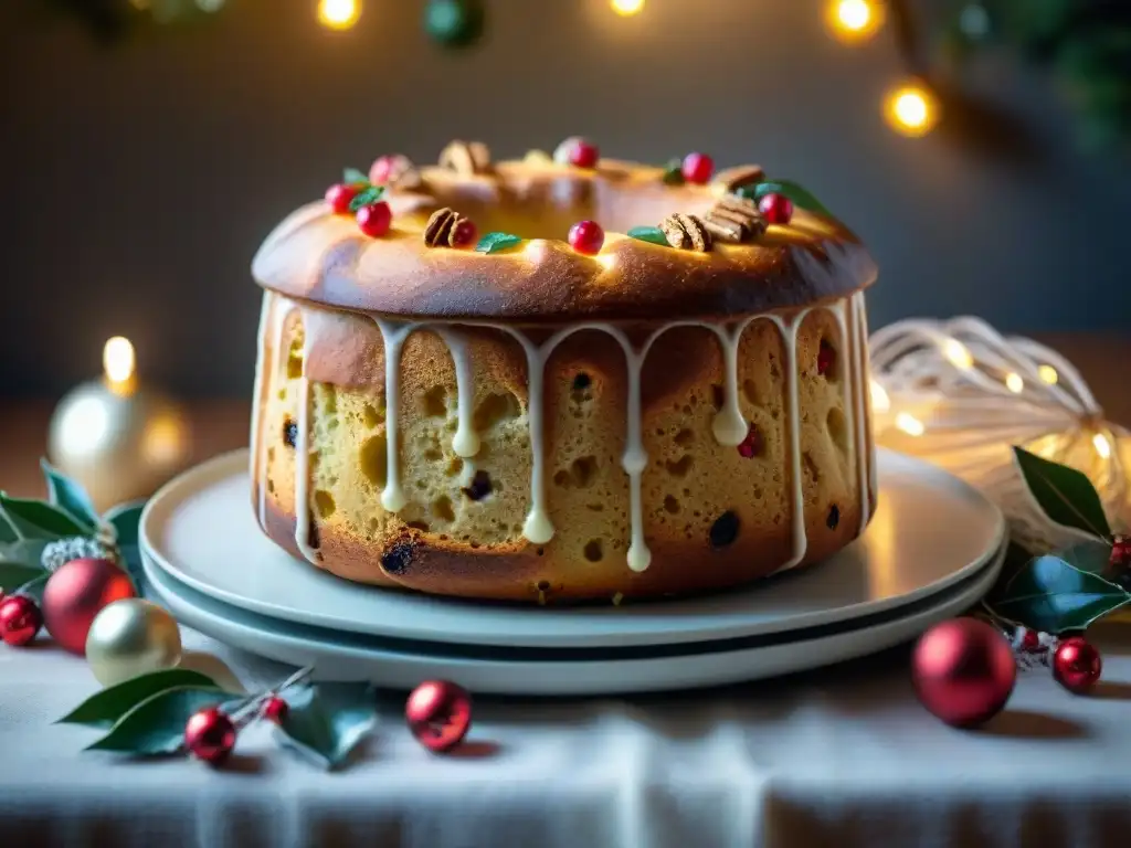 Delicioso Panettone sin gluten para Navidad, decorado y festivo en mesa brillante